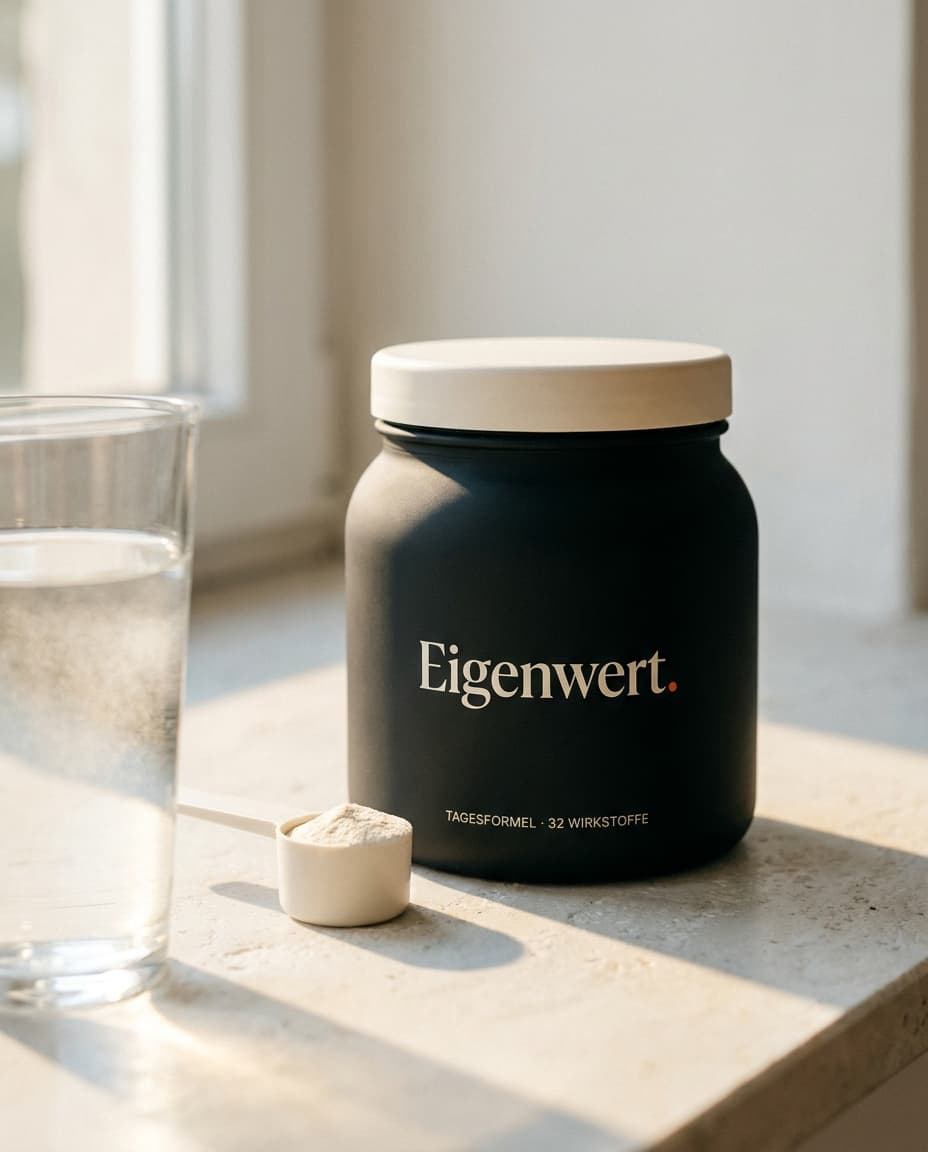 Die schwarze Eigenwert-Dose mit Messlöffel und einem Glas Wasser im Morgenlicht