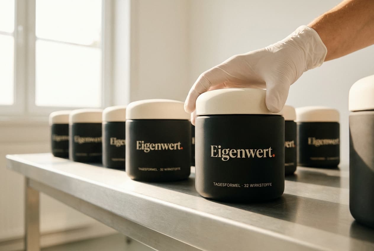 Eine Reihe schwarzer Eigenwert-Dosen auf einem hellen Produktionstisch