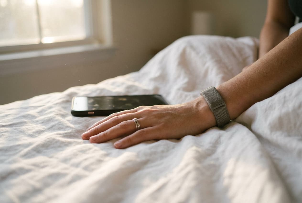 Ein Handgelenk mit Fitnessband auf weißer Bettwäsche im Morgenlicht